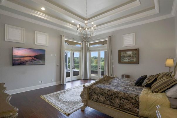 Bedroom, Chandelier, Interior, Recessed Lighting, Wood Texture Flooring