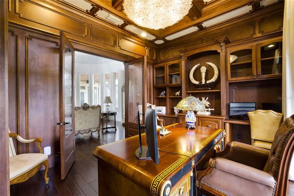 Chandelier, Home Office, Interior, Recessed Lighting, Wood Texture Flooring, Wooden Walls