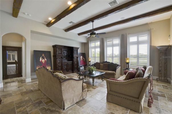 Interior, Living room, Recessed Lighting, Wooden Beams