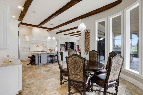 Dining room, Interior, Kitchen, Pendant Lights, Recessed Lighting, Wooden Beams