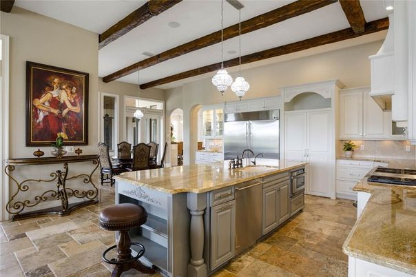 Dining room, Interior, Kitchen, Pendant Lights, Recessed Lighting, Stainless Steel Appliances, Wooden Beams