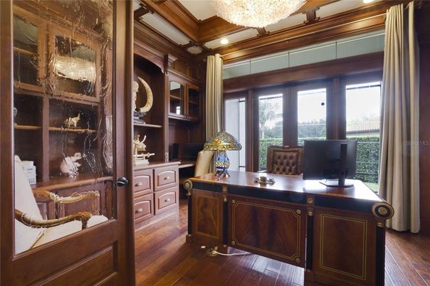 Chandelier, Home Office, Interior, Recessed Lighting, Wood Texture Flooring