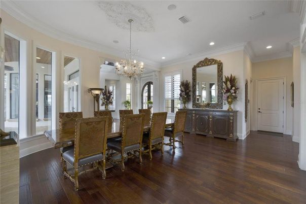 Chandelier, Dining room, Interior, Recessed Lighting, Wood Texture Flooring