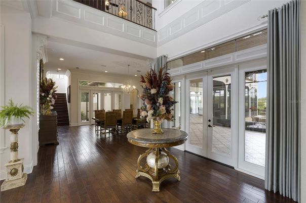 Chandelier, Dining room, Interior, Recessed Lighting, Wood Texture Flooring
