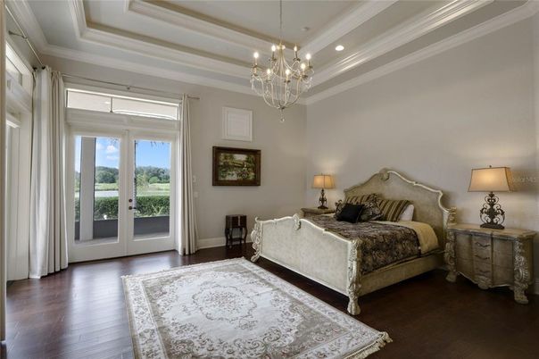 Bedroom, Chandelier, Interior, Recessed Lighting, Wood Texture Flooring