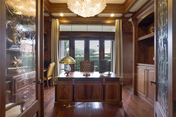 Chandelier, Home Office, Interior, Recessed Lighting, Wood Texture Flooring