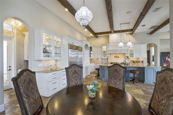 Chandelier, Dining room, Interior, Kitchen, Pendant Lights, Recessed Lighting, Stainless Steel Appliances, Wooden Beams