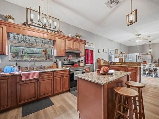 Dining room, Interior, Kitchen, Pendant Lights, Wood Texture Flooring