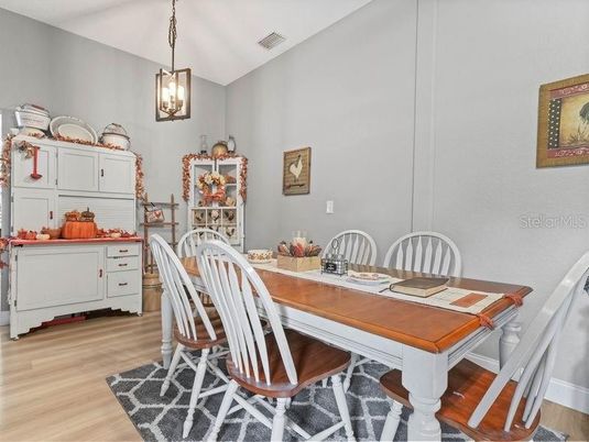 Dining room, Interior, Pendant Lights, Wood Texture Flooring