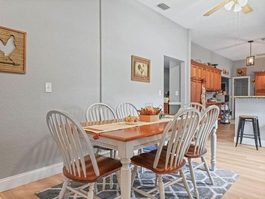 Dining room, Interior, Kitchen, Pendant Lights, Wood Texture Flooring