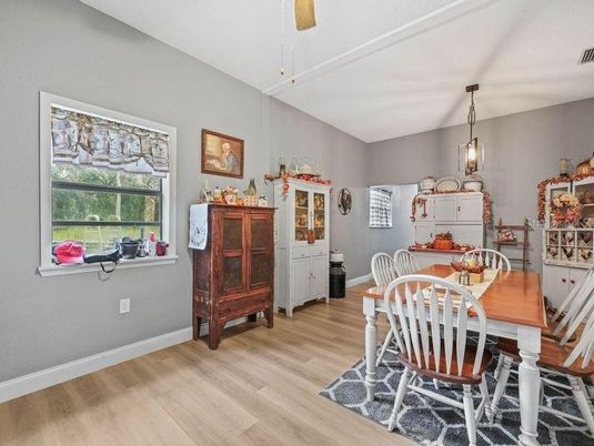 Dining room, Interior, Pendant Lights, Wood Texture Flooring