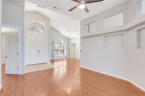 Empty room, Interior, Pendant Lights, Wood Texture Flooring