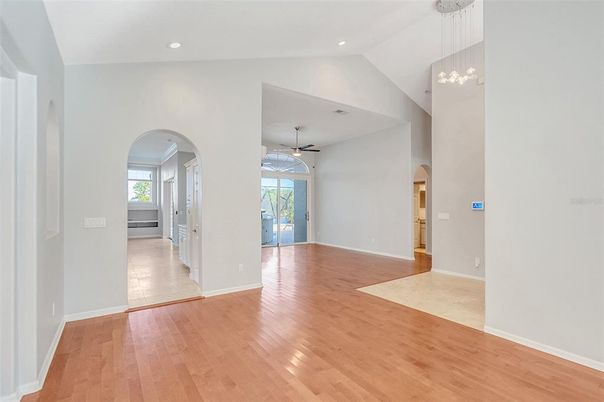 Empty room, Interior, Pendant Lights, Recessed Lighting, Wood Texture Flooring