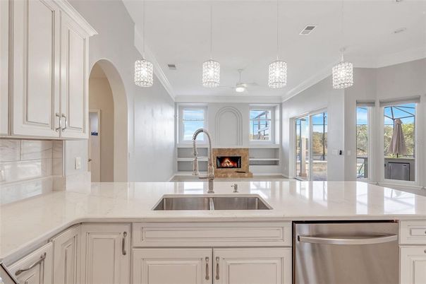 Fireplace, Interior, Kitchen, Pendant Lights, Stainless Steel Appliances