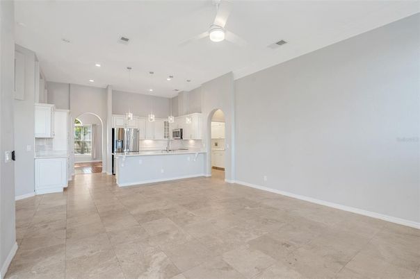 Empty room, Interior, Kitchen, Pendant Lights, Recessed Lighting, Stainless Steel Appliances
