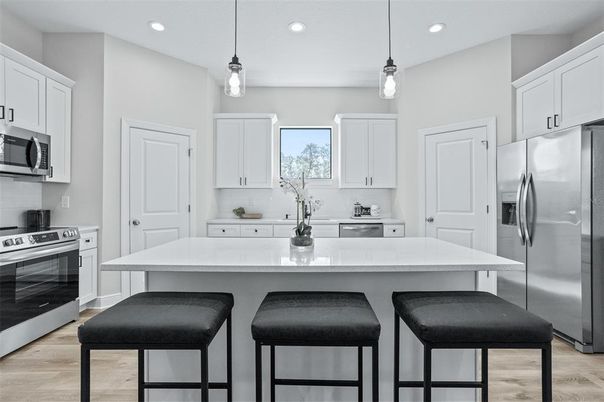 Interior, Kitchen, Pendant Lights, Recessed Lighting, Stainless Steel Appliances, Wood Texture Flooring