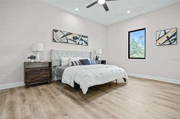 Bedroom, Interior, Recessed Lighting, Wood Texture Flooring