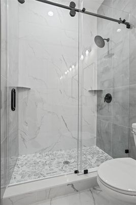 Bathroom, Glass Shower, Interior, Marble, Marble Walls, Recessed Lighting