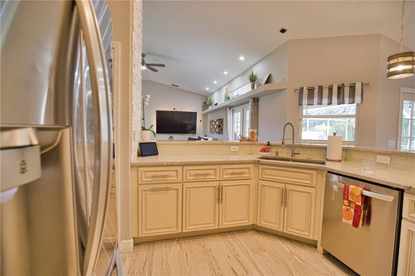 Interior, Kitchen, Pendant Lights, Recessed Lighting, Stainless Steel Appliances, Wood Texture Flooring
