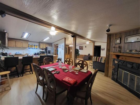 Dining room, Fireplace, Interior, Kitchen, Wood Texture Flooring