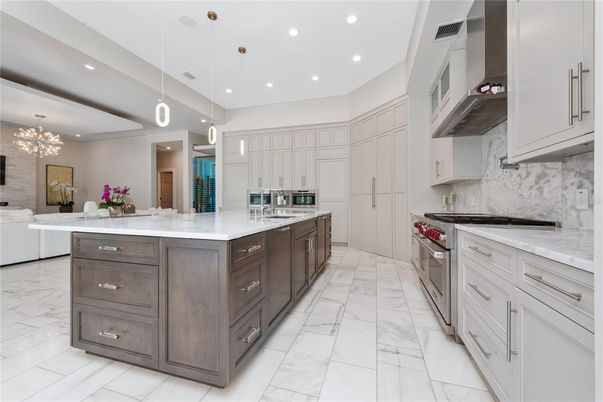 Interior, Kitchen, Marble, Pendant Lights, Recessed Lighting, Stainless Steel Appliances