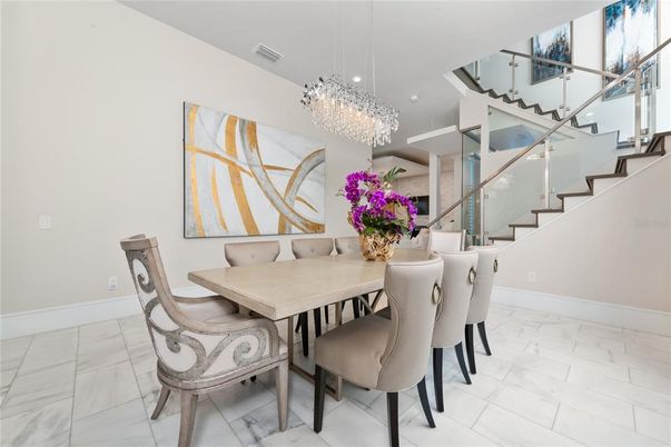Chandelier, Dining room, Interior, Marble, Recessed Lighting