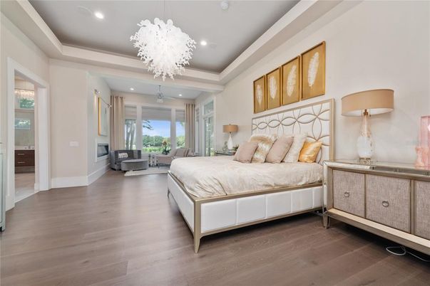 Bedroom, Chandelier, Interior, Recessed Lighting, Wood Texture Flooring