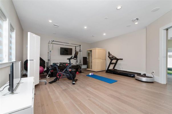 Fitness Equipment, Interior, Recessed Lighting, Wood Texture Flooring