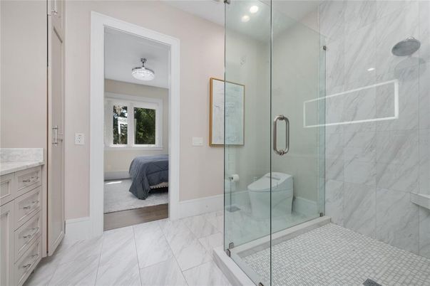 Bathroom, Bedroom, Glass Shower, Interior, Marble, Marble Walls, Recessed Lighting