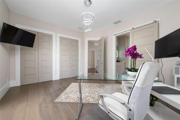 Home Office, Interior, Pendant Lights, Wood Texture Flooring