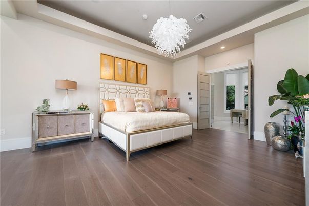 Bedroom, Chandelier, Interior, Recessed Lighting, Wood Texture Flooring