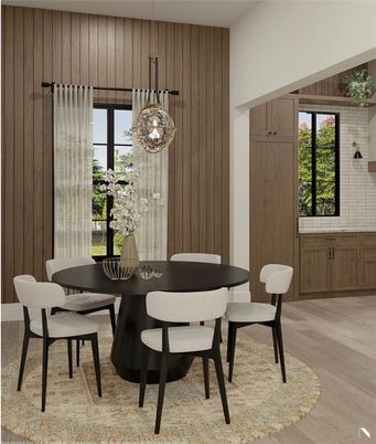 Dining room, Interior, Pendant Lights, Wood Texture Flooring