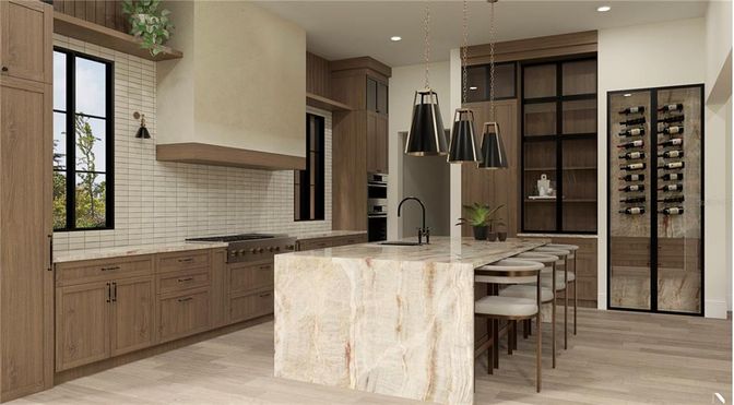 Interior, Kitchen, Pendant Lights, Recessed Lighting, Stainless Steel Appliances, Wine Storage, Wood Texture Flooring