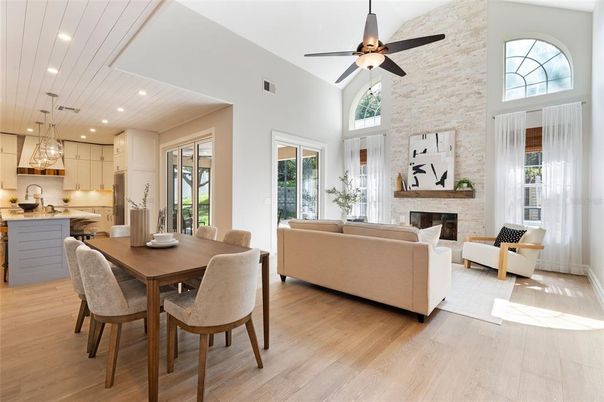 Dining room, Fireplace, Interior, Kitchen, Living room, Pendant Lights, Recessed Lighting, Stone Walls, Wood Texture Flooring