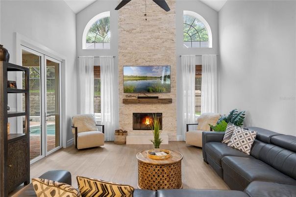 Fireplace, Interior, Living room, Stone Walls, Wood Texture Flooring