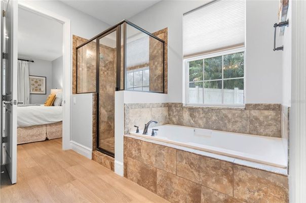 Bathroom, Bedroom, Glass Shower, Interior, Wood Texture Flooring