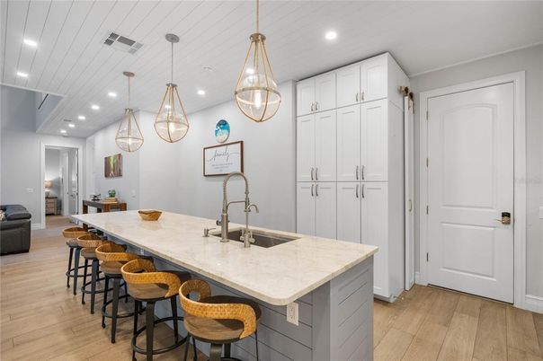 Interior, Kitchen, Pendant Lights, Recessed Lighting, Wood Texture Flooring