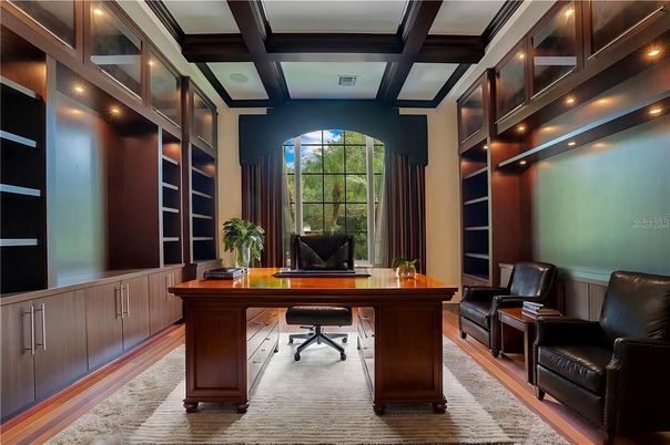 Home Office, Interior, Recessed Lighting, Wooden Beams, Wood Texture Flooring