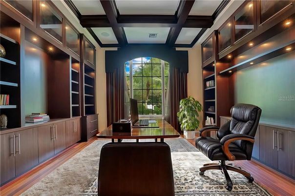 Home Office, Interior, Recessed Lighting, Wooden Beams, Wood Texture Flooring