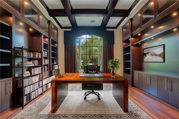 Home Office, Interior, Recessed Lighting, Wooden Beams, Wood Texture Flooring