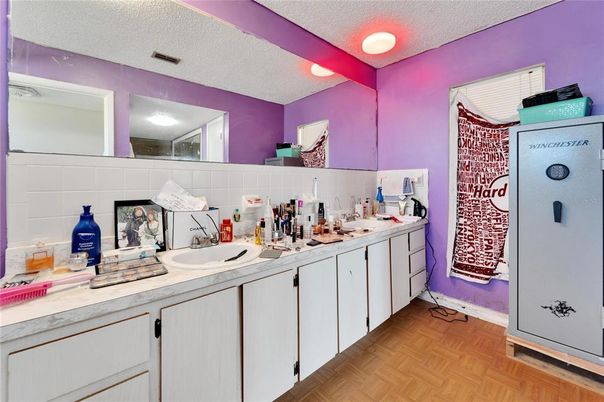 Bathroom, Dual Sink Vanities, Interior, Recessed Lighting, Wood Texture Flooring