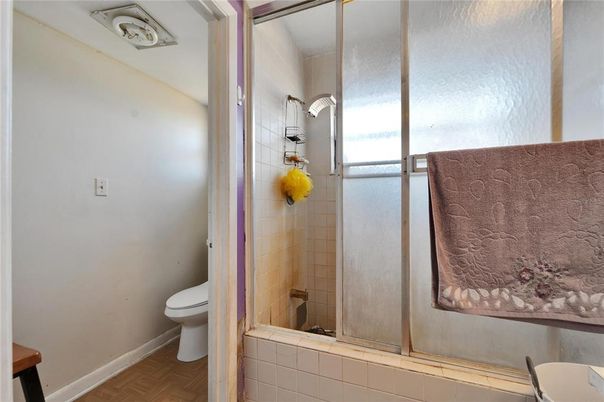 Bathroom, Glass Shower, Interior, Wood Texture Flooring
