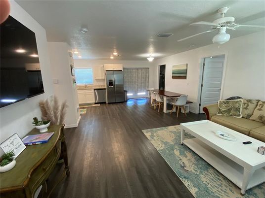 Dining room, Interior, Kitchen, Living room, Stainless Steel Appliances, Wood Texture Flooring