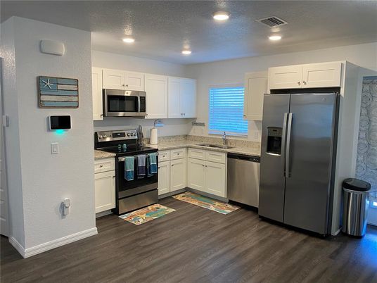 Interior, Kitchen, Recessed Lighting, Stainless Steel Appliances, Wood Texture Flooring