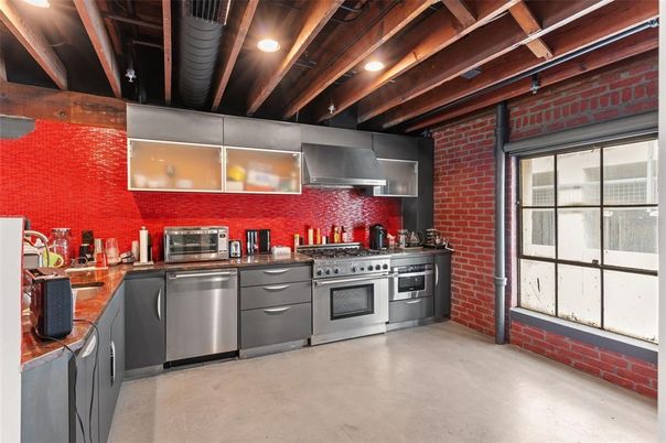 Interior, Kitchen, Stainless Steel Appliances, Stone Walls, Wooden Beams