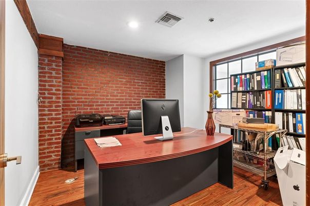 Home Office, Interior, Recessed Lighting, Stone Walls, Wood Texture Flooring