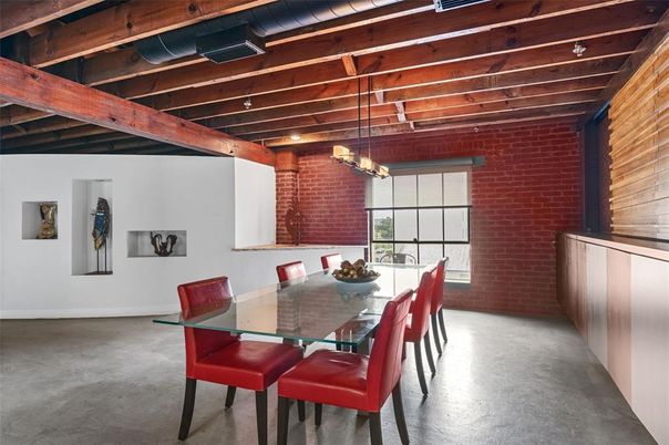 Dining room, Interior, Pendant Lights, Stone Walls, Wooden Beams