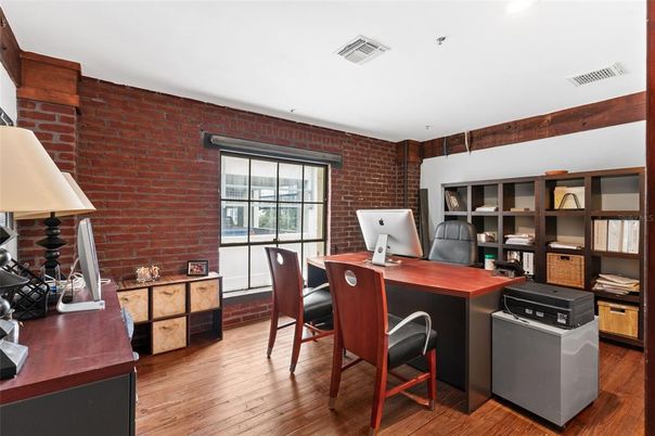 Home Office, Interior, Recessed Lighting, Stone Walls, Wood Texture Flooring