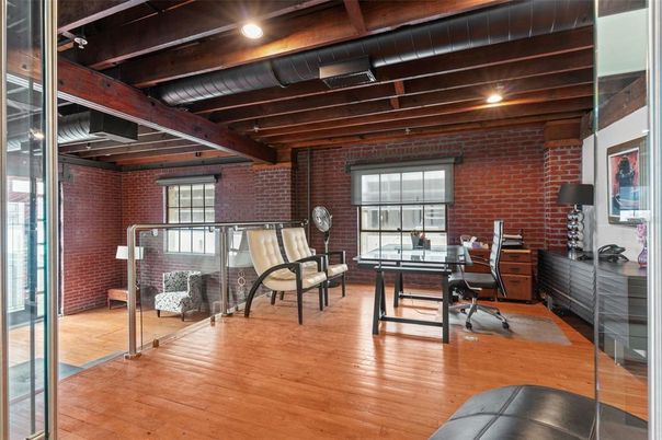 Home Office, Interior, Stone Walls, Wooden Beams, Wood Texture Flooring