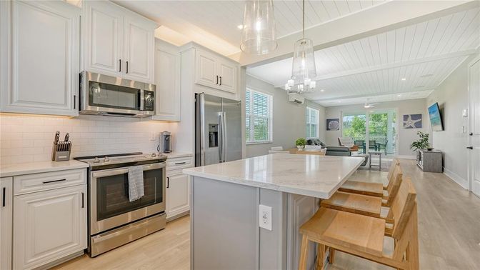 Interior, Kitchen, Living room, Pendant Lights, Recessed Lighting, Stainless Steel Appliances, Wood Texture Flooring